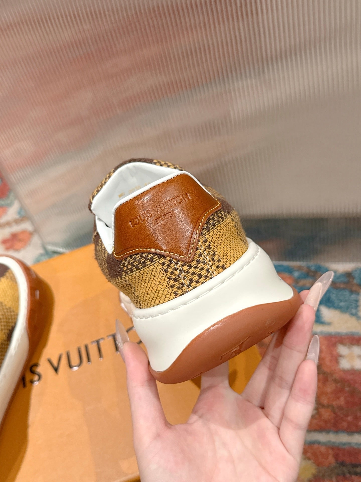 LV 26S PLAID SNEAKERS IN BROWN MIX YELLOW FABRIC