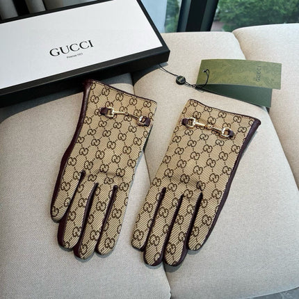HORSEBIT GLOVES IN BEIGE MONOGRAM JACQUARD FABRIC MIX MERLOT RED SHEEPSKIN 456334