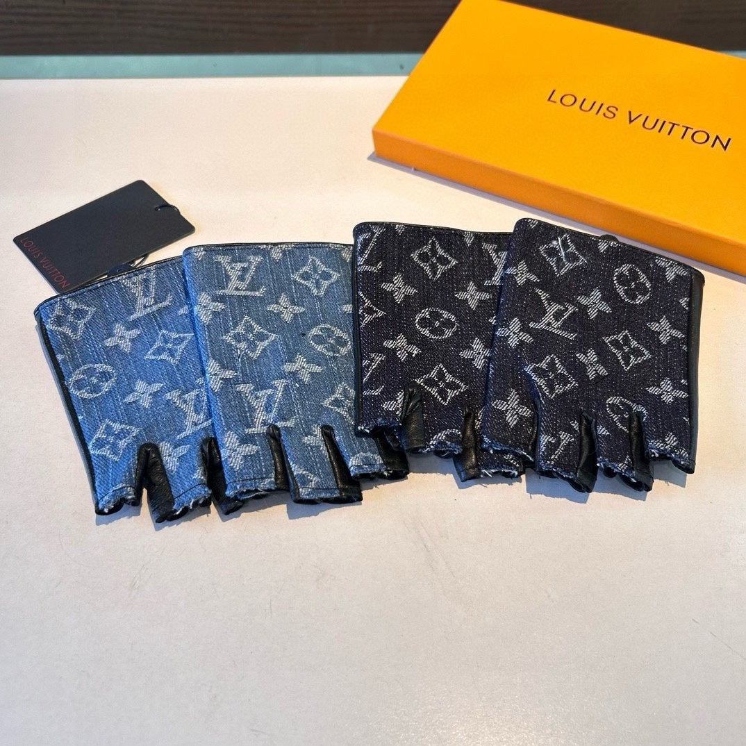 FINGERLESS GLOVES IN ELECTRIC BLUE MONOGRAM DENIM AND BLACK LAMBSKIN 460107