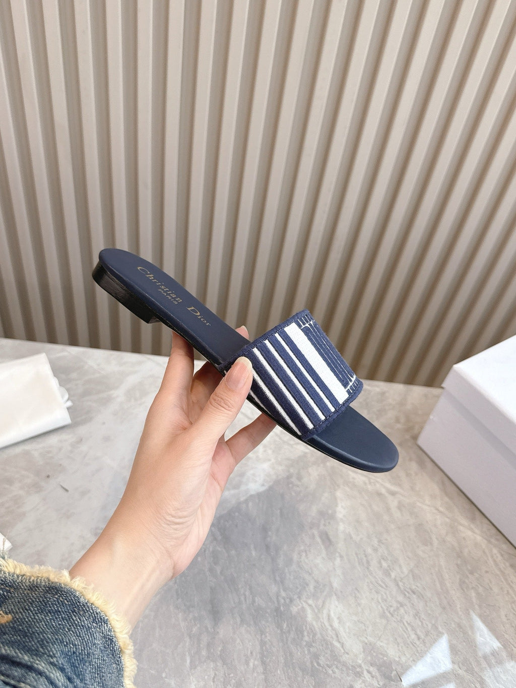 DIOR FLAT SLIDES 25S IN MIDNIGHT BLUE CALFSKIN AND FABRIC BRAND NAME EMBROIDERY