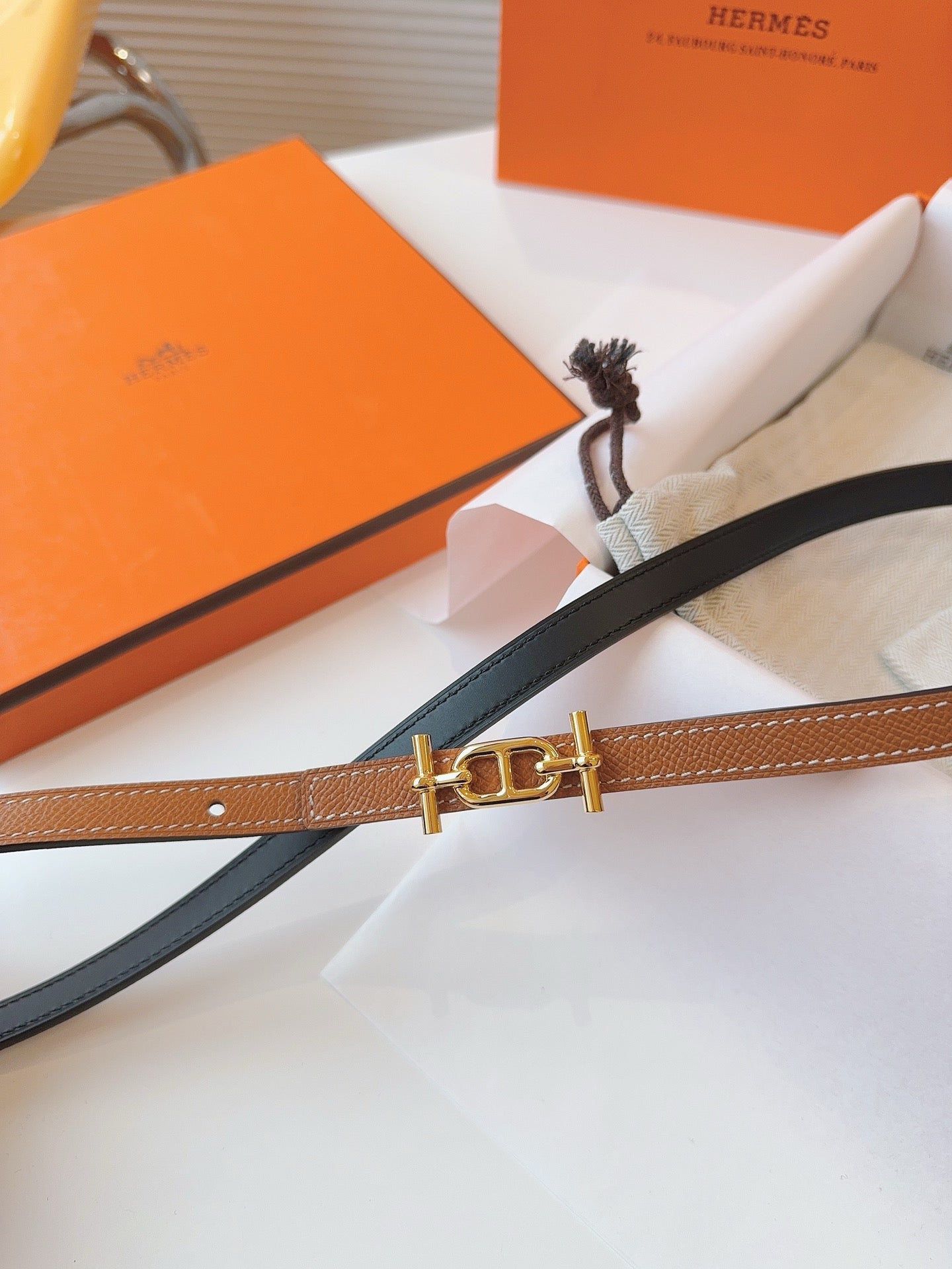 HM REVERSIBLE ANCRE KIT 13MM BELT IN BROWN CALFSKIN GOLD-TONE HARDWARE