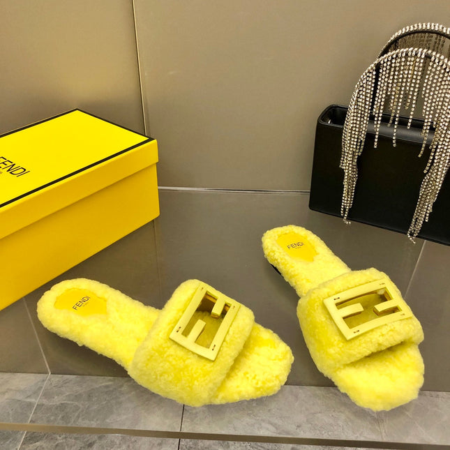 FENDI BAGUETTE SLIDE SLIPPERS IN BRIGHT YELLOW WOOL