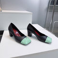 CHANEL 26S SQUARE-TOE HIGH HEELS 55 MM IN BLACK LAMBSKIN WITH MINT GREEN CAP TOE