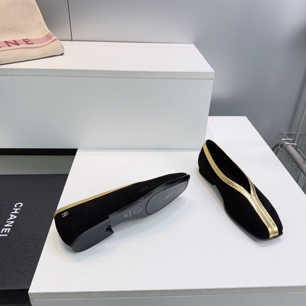 CHANEL 26S SQUARE-TOE FLATS IN BLACK SUEDE WITH GOLD PATENT TRIM