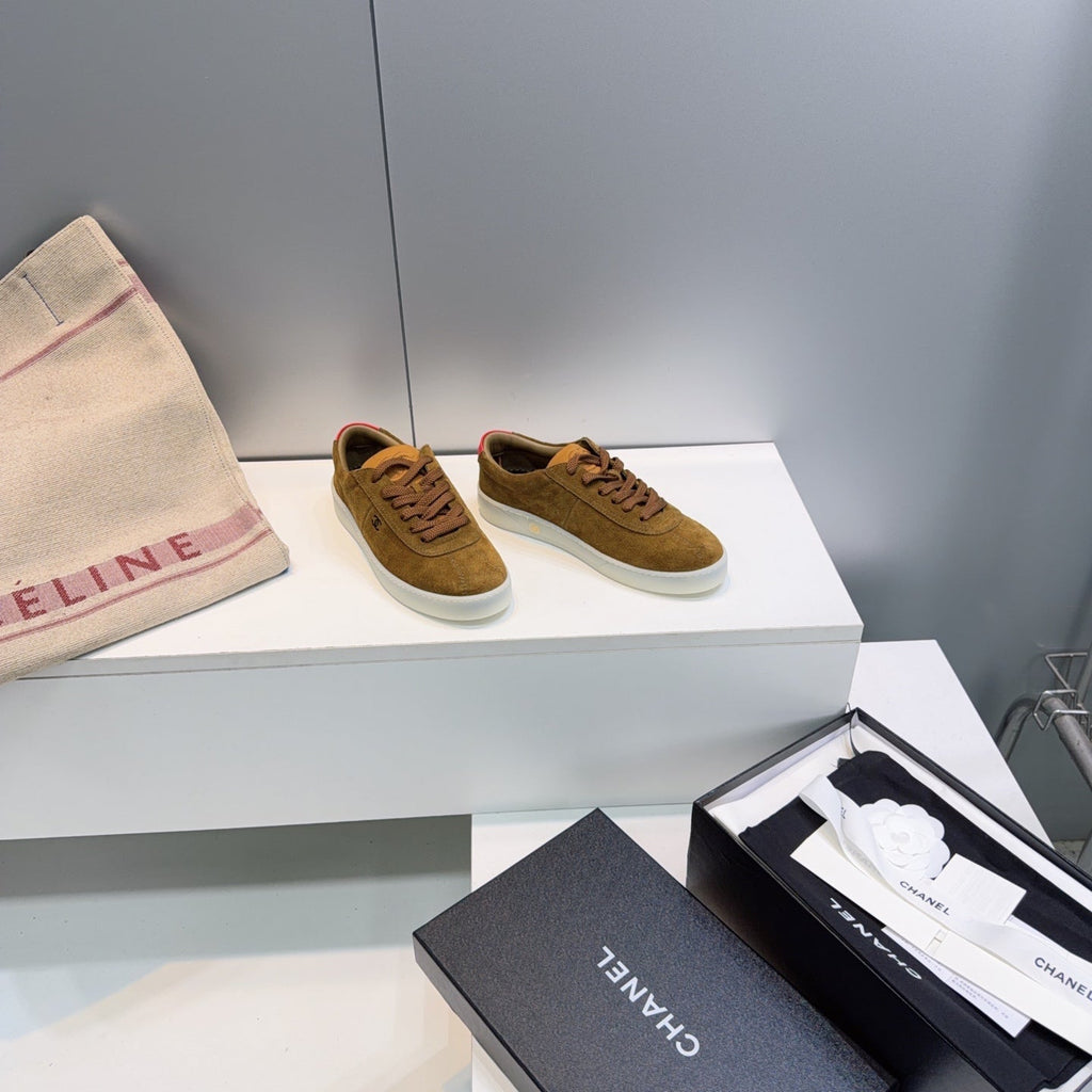 CHANEL 26S GUM SOLE SNEAKERS IN BROWN SUEDE