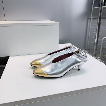 CHANEL 26S COLOR-BLOCK HIGH HEELS 45 MM IN SILVER AND GOLD LAMBSKIN