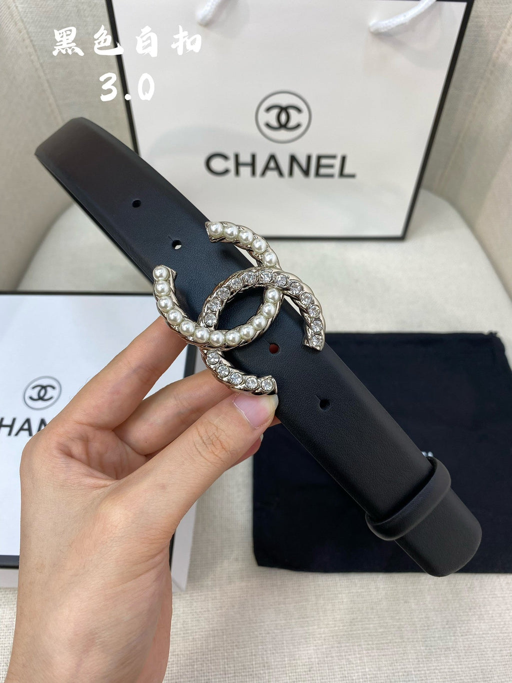 CC BELT 30 MM IN BLACK CALFSKIN WITH SILVER BUCKLE HARDWARE ATTACH PEARL