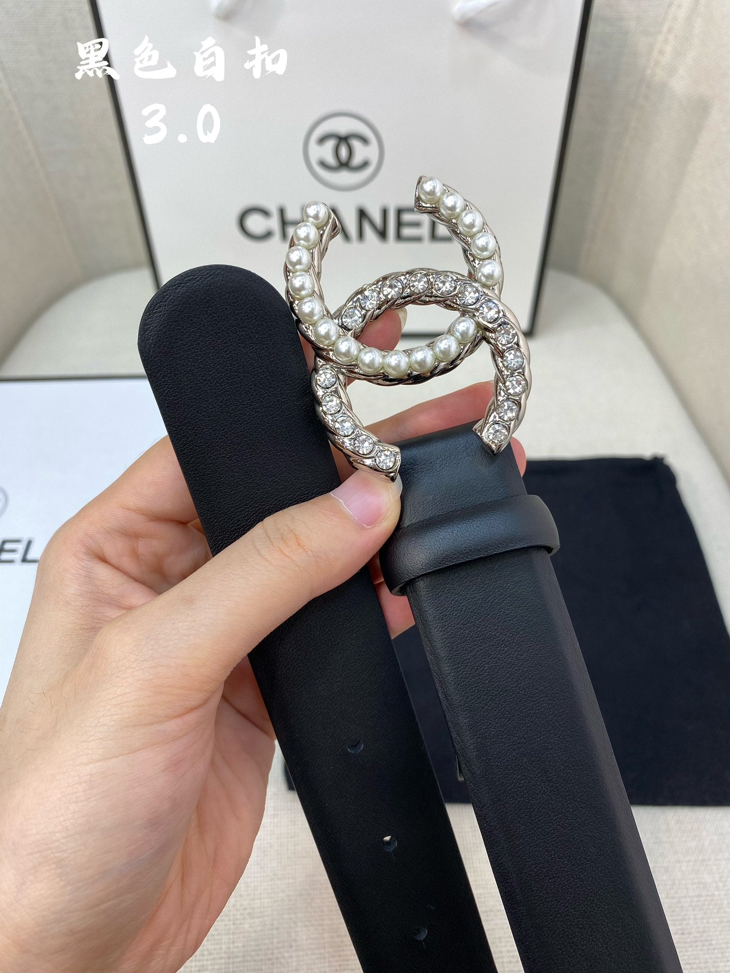 CC BELT 30 MM IN BLACK CALFSKIN WITH SILVER BUCKLE HARDWARE ATTACH PEARL