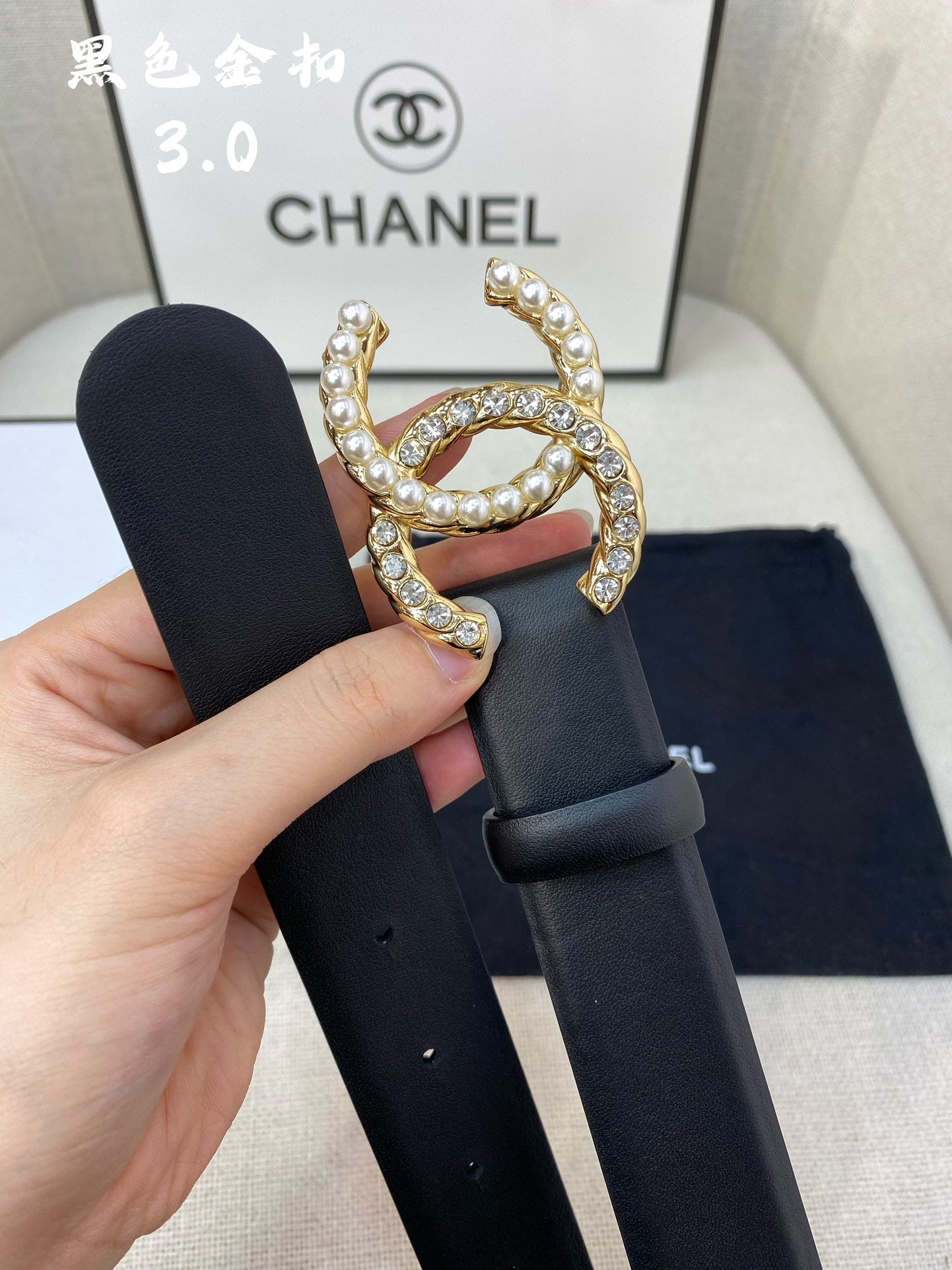 CC BELT 30 MM IN BLACK CALFSKIN WITH GOLD BUCKLE HARDWARE ATTACH PEARL
