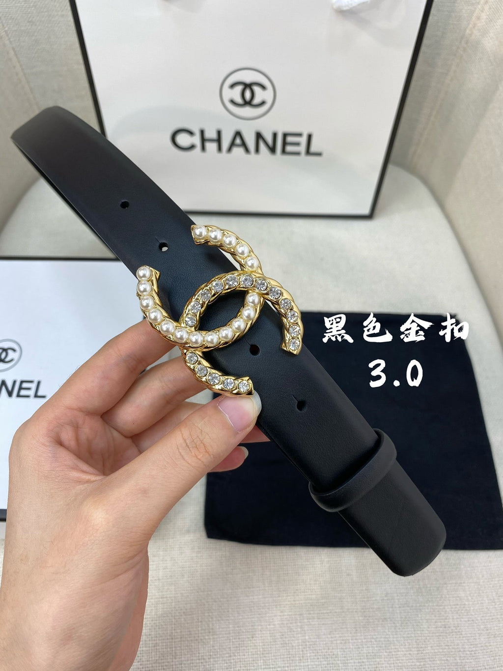 CC BELT 30 MM IN BLACK CALFSKIN WITH GOLD BUCKLE HARDWARE ATTACH PEARL