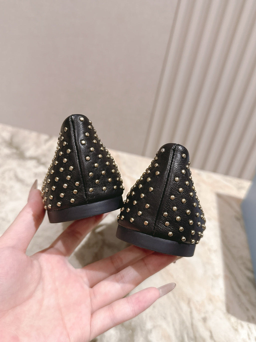 PRADA 25S STUD EMBELLISHED BALLERINA IN BLACK CALFSKIN