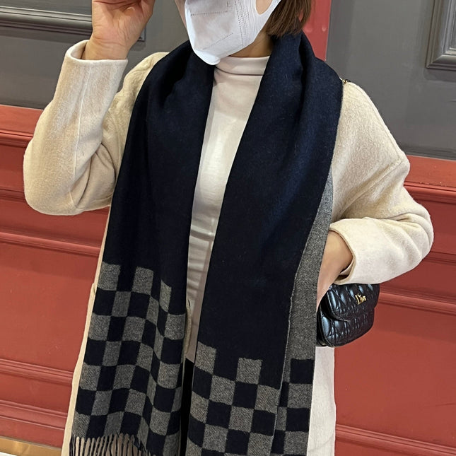 DAMIER SCARF 180 CM IN MIDNIGHT BLUE MIX GRAY CASHMERE 388316