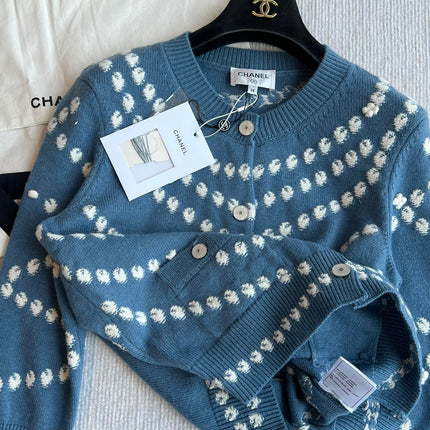 Chanel 25P Cardigan Dark Blue Mix White Cashmere 229517