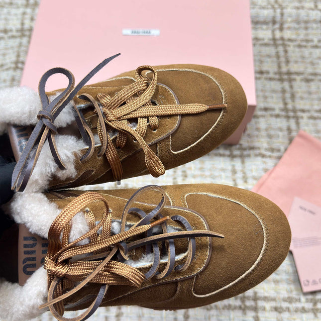 MIUMIU 26S SNEAKERS IN DARK BROWN SUEDE AND SHEARLING