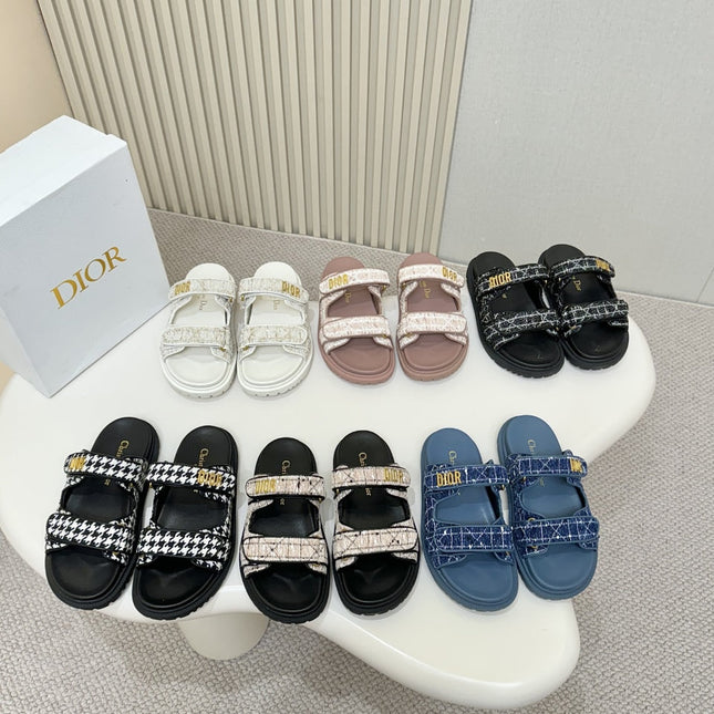 DIOR CLASSIC DOUBLE-STRAP SLIDES 25S IN WHITE MIX BLACK TWEED AND CALFSKIN