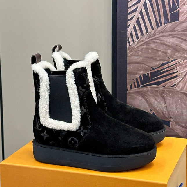 ASPEN CHELSEA ANKLE BOOTS IN BLACK MONOGRAM-DEBOSSED SUEDE