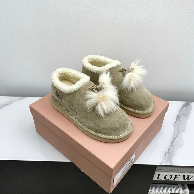 MIUMIU 26S ANKLE SHEARLING BOOTS IN TAUPE BEIGE SUEDE