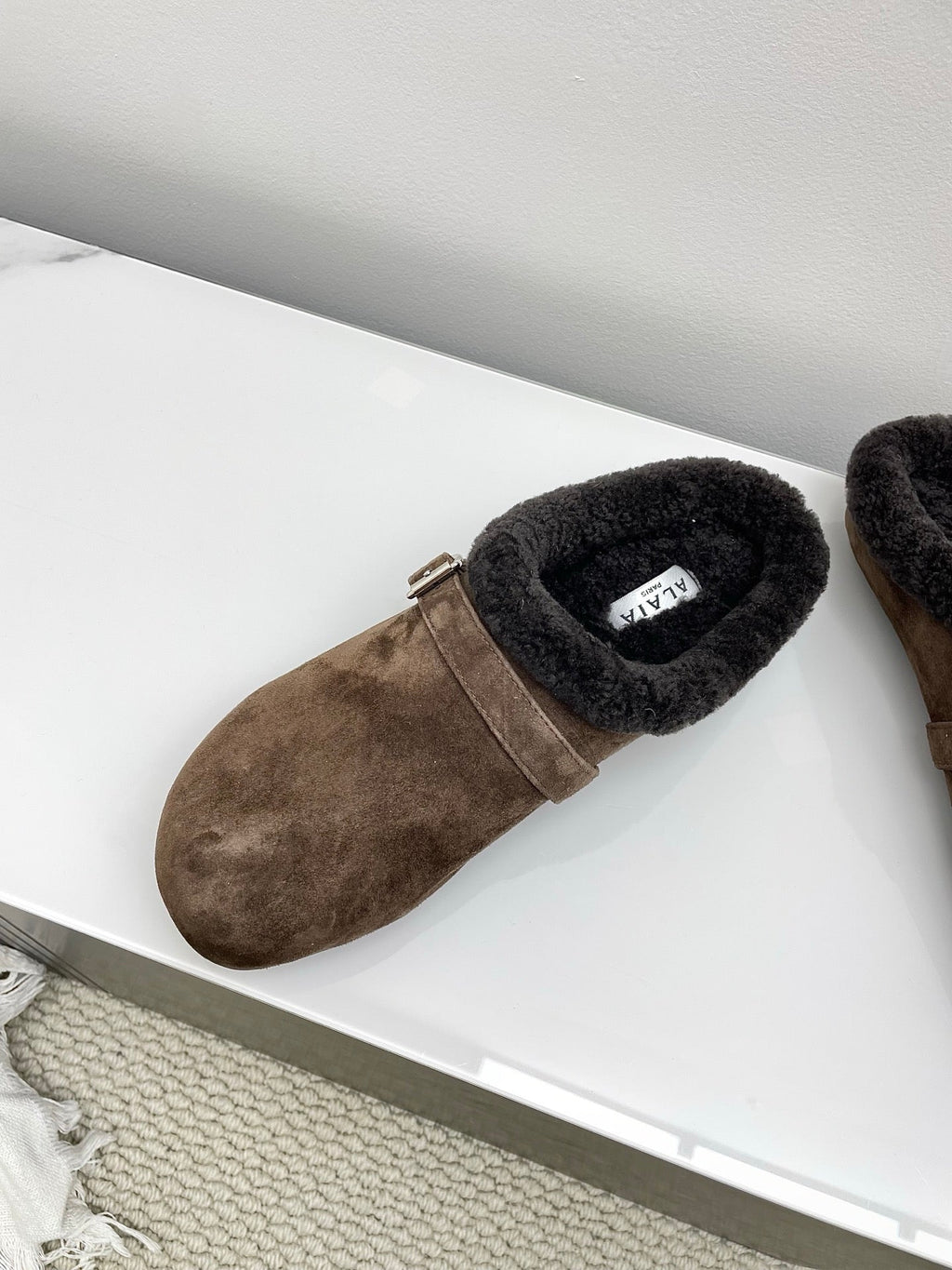 ALAIA 26S MULE IN DARK BROWN SUEDE AND WOOL