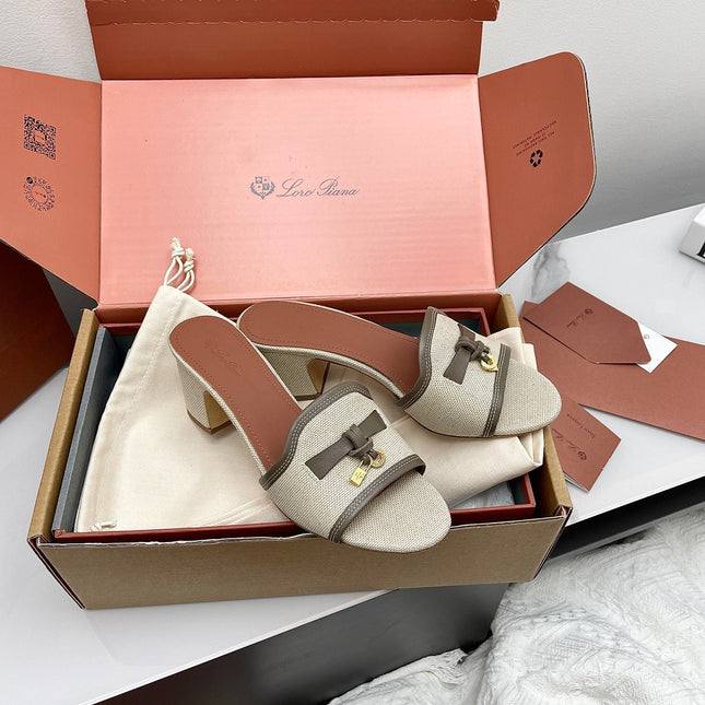 LP 26S HIGH HEEL SANDALS IN LIGHT BEIGE CANVAS AND GREY CALFSKIN