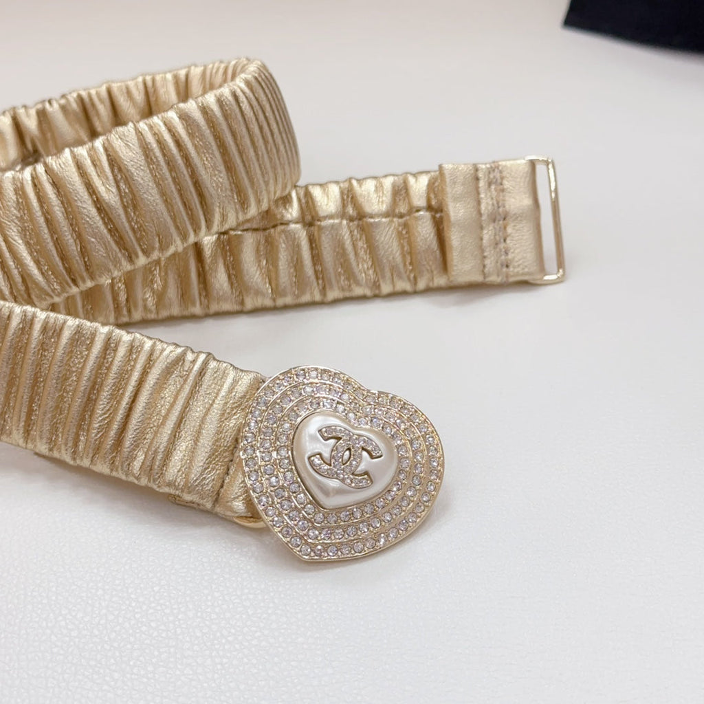 CC ELASTIC 30 MM BELT HEART BUCKLE IN GOLDEN CHIFFON CALFSKIN GOLD HARDWARE ATTACH RHINSTONES