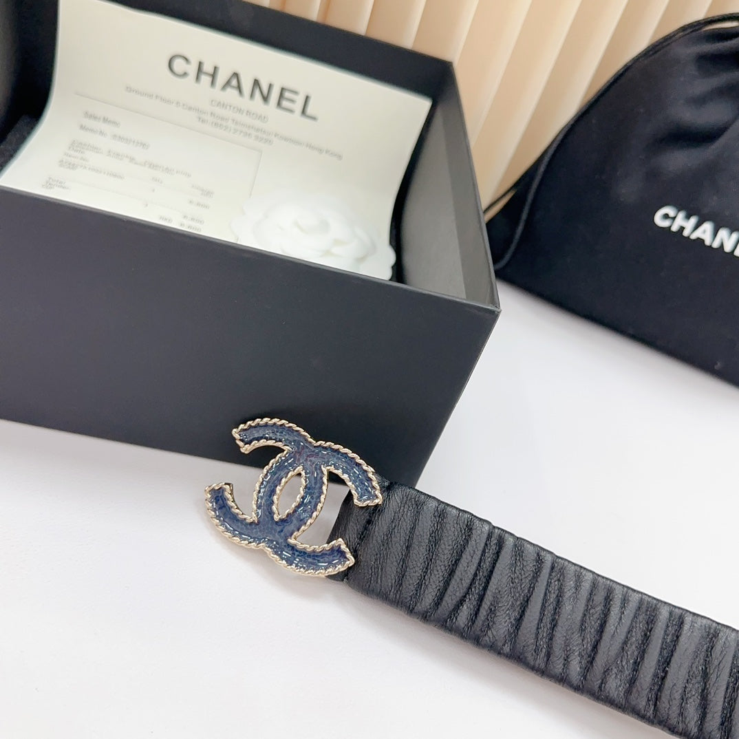 CC 30 MM ELASTIC BELT IN BLACK CALFSKIN GOLD MIX BLUE HARDWARE