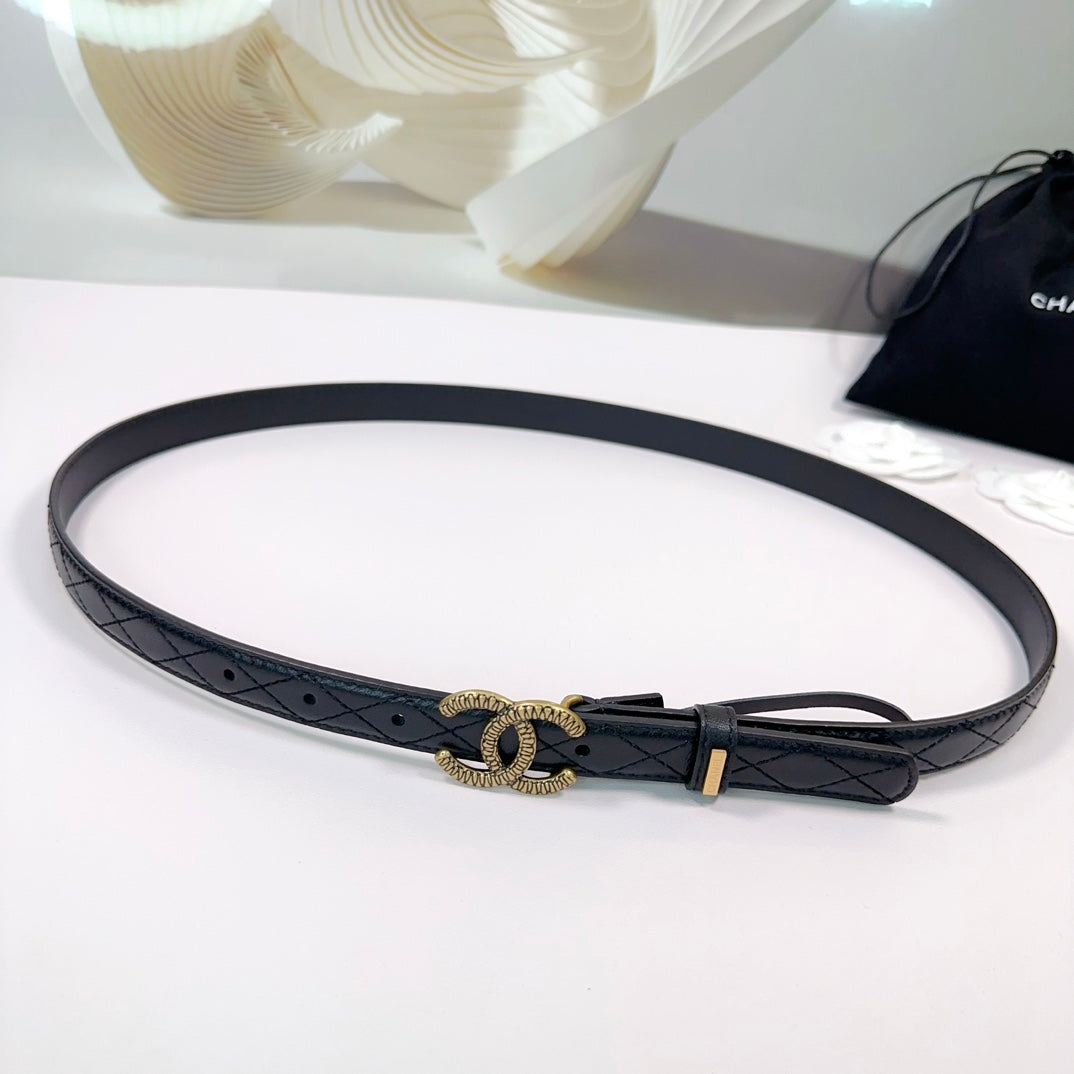 CC BELT 20 MM IN BLACK EMBROIDERED CALFSKIN WITH GOLD HARDWARE
