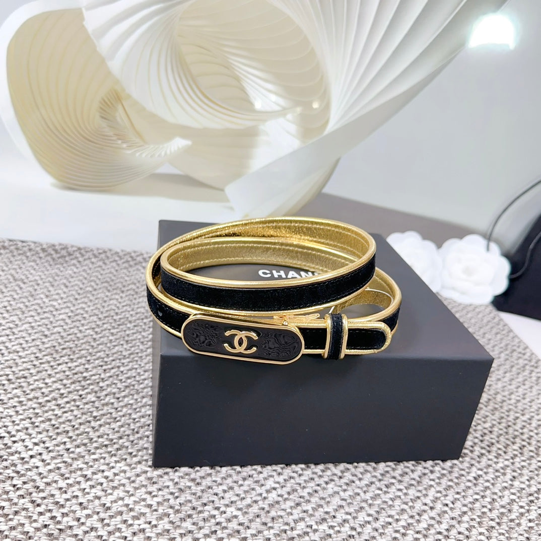 CC BELT 20 MM IN BLACK AND GOLDEN CALFSKIN WITH METAL BUCKLE
