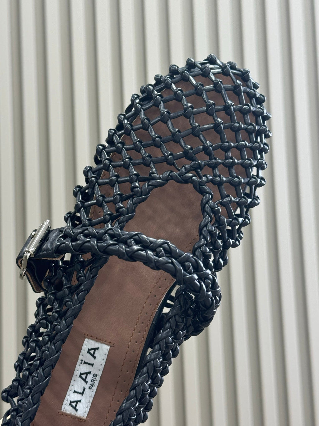 ALAIA MARY JANE FLATS 25S IN BLACK MESH CALSKIN WITH SILVER HARDWARE