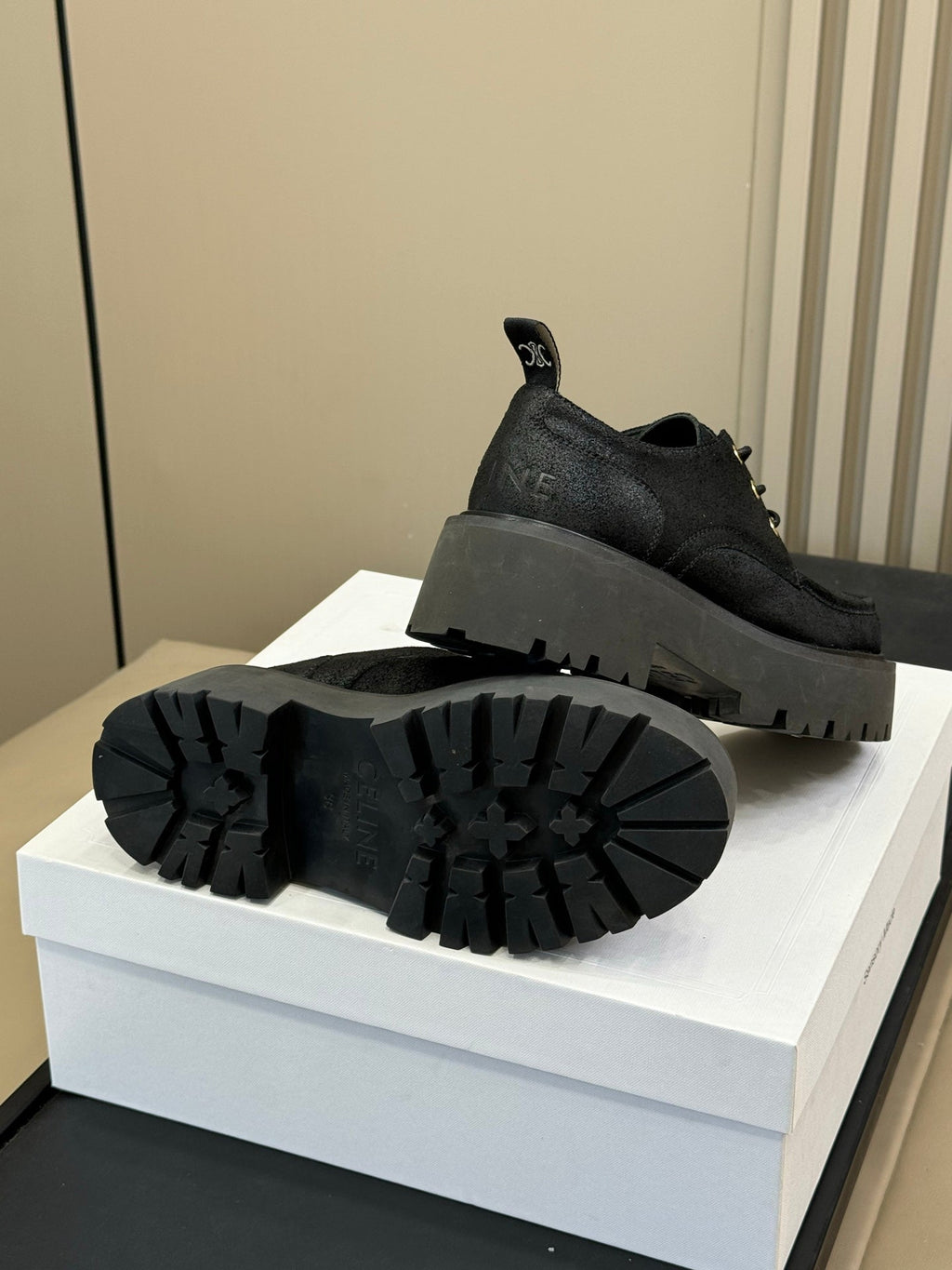 CELINE 25S THICK SOLED LOAFERS IN BLACK CALFSKIN SUEDE
