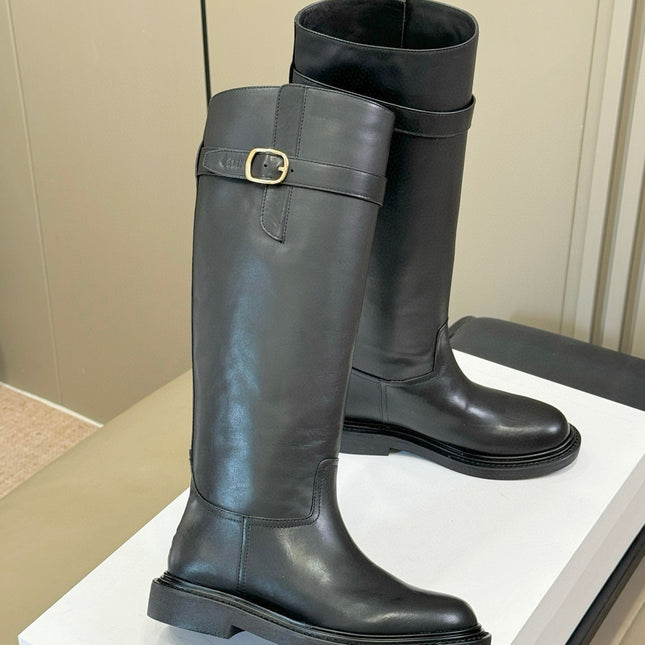 CELINE 26S HIGH-TOP BOOTS IN BLACK CALFSKIN WITH GOLD HARDWARE