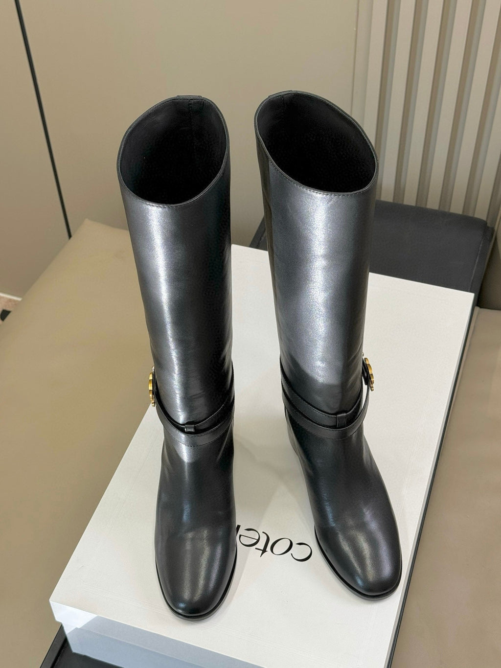 CELINE 26S HIGH-TOP HEELED BOOTS IN BLACK CALFSKIN