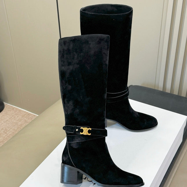 CELINE 26S HIGH-TOP BOOTS IN BLACK SUEDE WITH GOLD HARDWARE