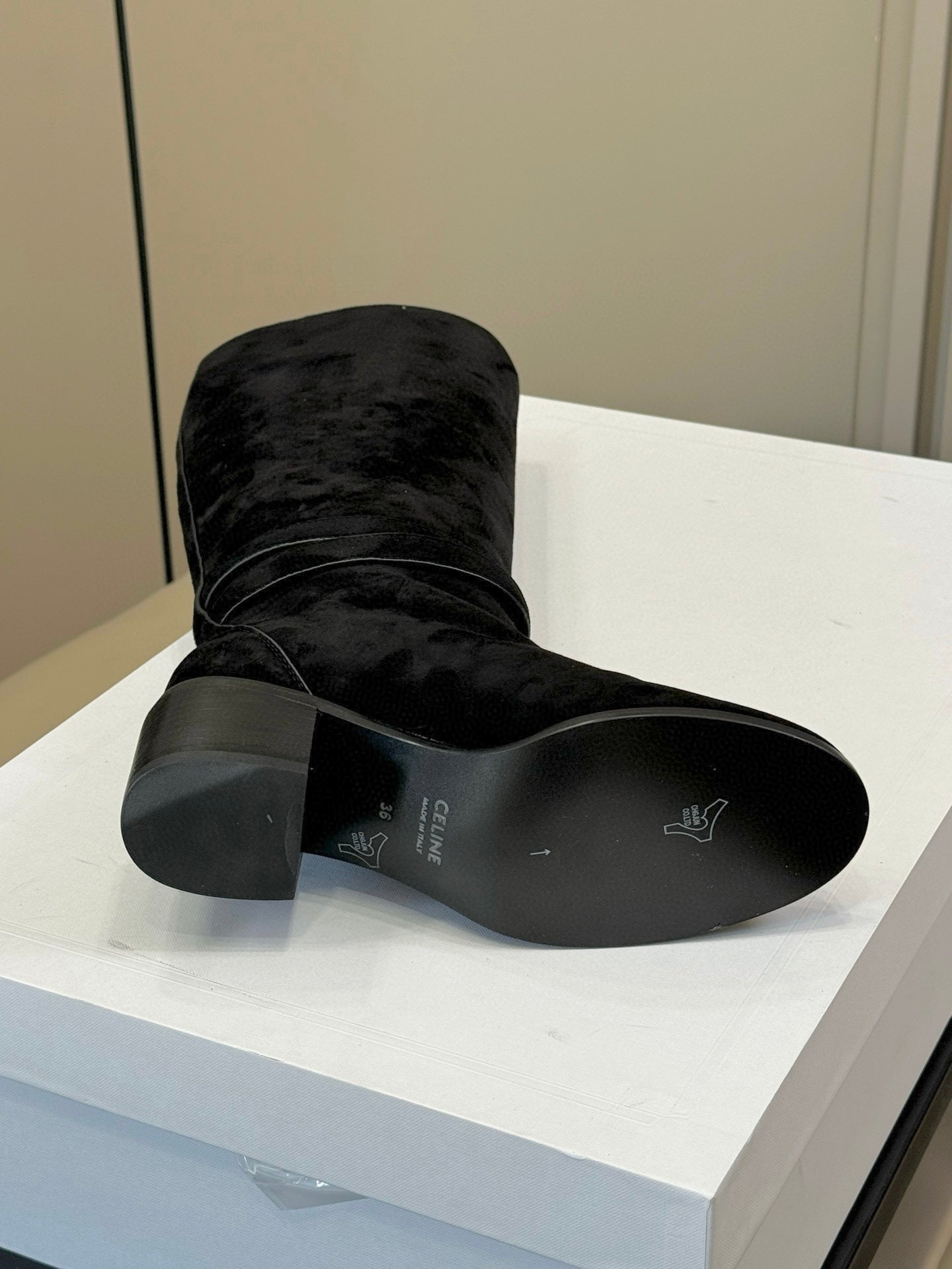 CELINE 26S HIGH-TOP BOOTS IN BLACK SUEDE WITH GOLD HARDWARE