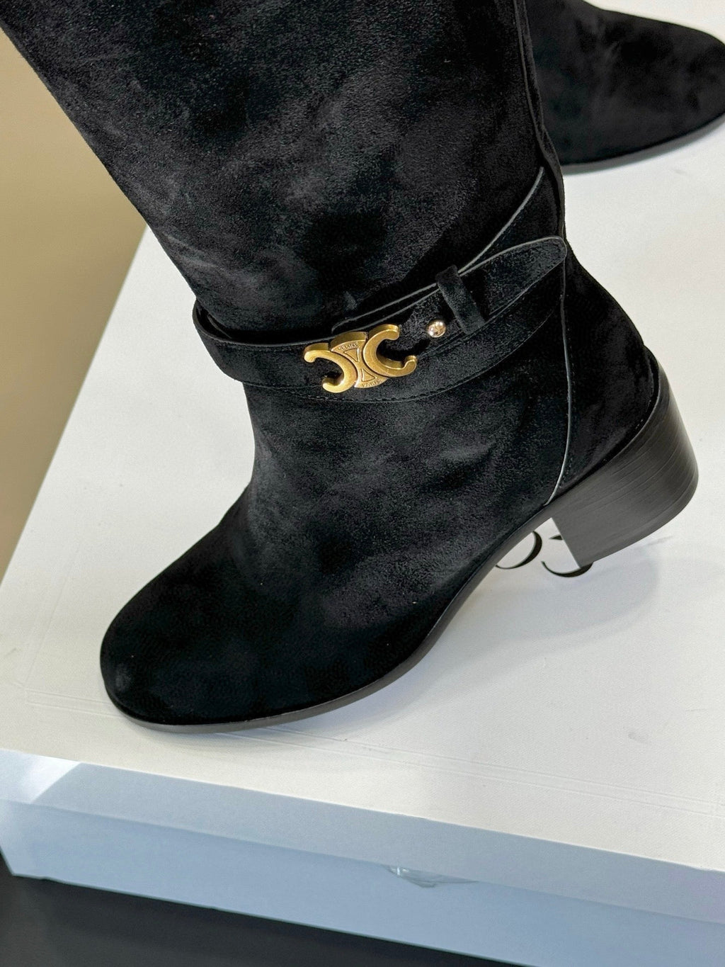 CELINE 26S HIGH-TOP BOOTS IN BLACK SUEDE WITH GOLD HARDWARE