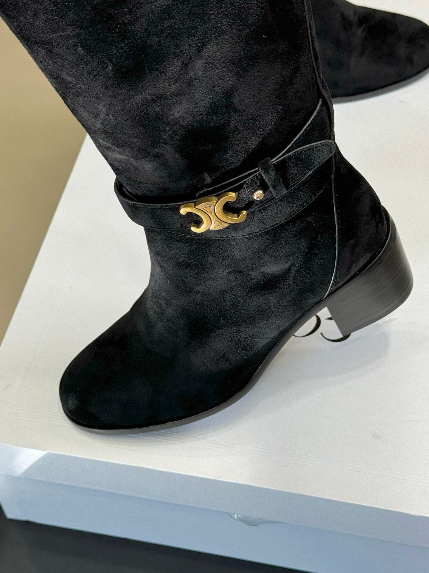 CELINE 26S HIGH-TOP BOOTS IN BLACK SUEDE WITH GOLD HARDWARE