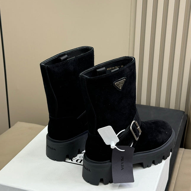 PRADA 25S PLATFORM ANKLE BOOTS IN BLACK SUEDE WITH SILVER HARDWARE