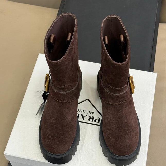 PRADA 25S PLATFORM ANKLE BOOTS IN DARK BROWN SUEDE WITH GOLD HARDWARE