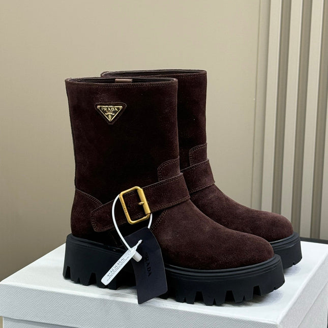 PRADA 25S PLATFORM ANKLE BOOTS IN DARK BROWN SUEDE WITH GOLD HARDWARE
