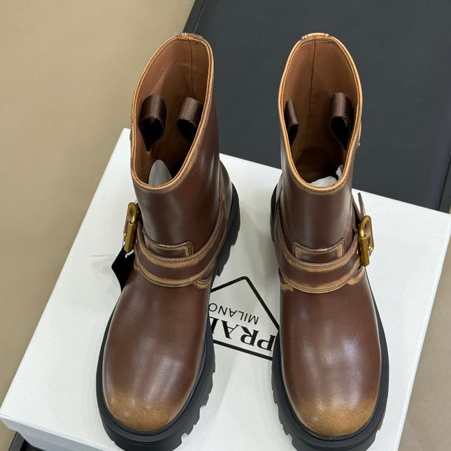 PRADA 25S PLATFORM ANKLE BOOTS IN DARK BROWN CALFSKIN WITH GOLD HARDWARE