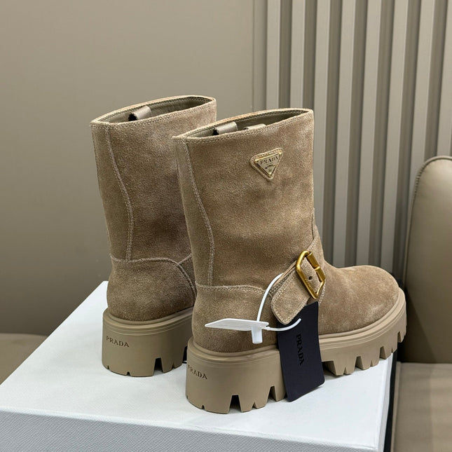 PRADA 25S PLATFORM ANKLE BOOTS IN DARK BEIGE SUEDE WITH GOLD HARDWARE