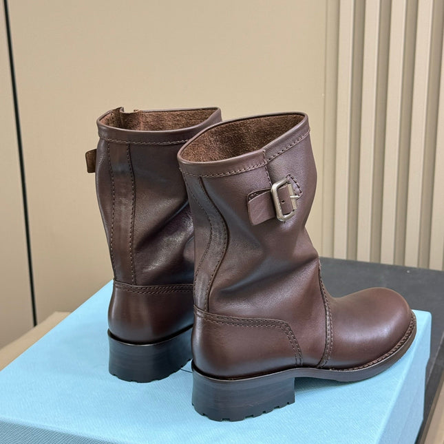 PRADA 25S ANKLE BOOTS IN BROWN CALFSKIN