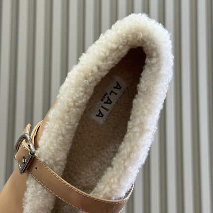 ALAIA 25S MARY JANE SHEARLING FLATS IN DARK NUDE GLOSSY CALFSKIN