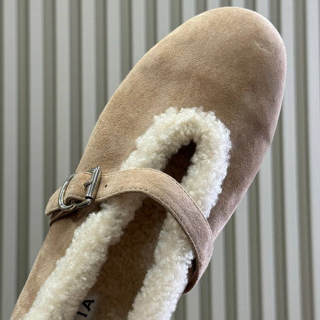ALAIA 25S MARY JANE SHEARLING FLATS IN LIGHT BROWN SUEDE