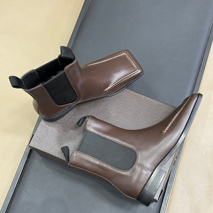ALAIA 25S SQUARE TOE CHELSEA ANKLE BOOTS SHOES IN BROWN CALFSKIN