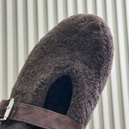 ALAIA 25S COZY MARY JANE SHEARLING FLATS IN DARK BROWN