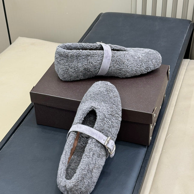 ALAIA 25S COZY MARY JANE SHEARLING FLATS IN DARK GRAY