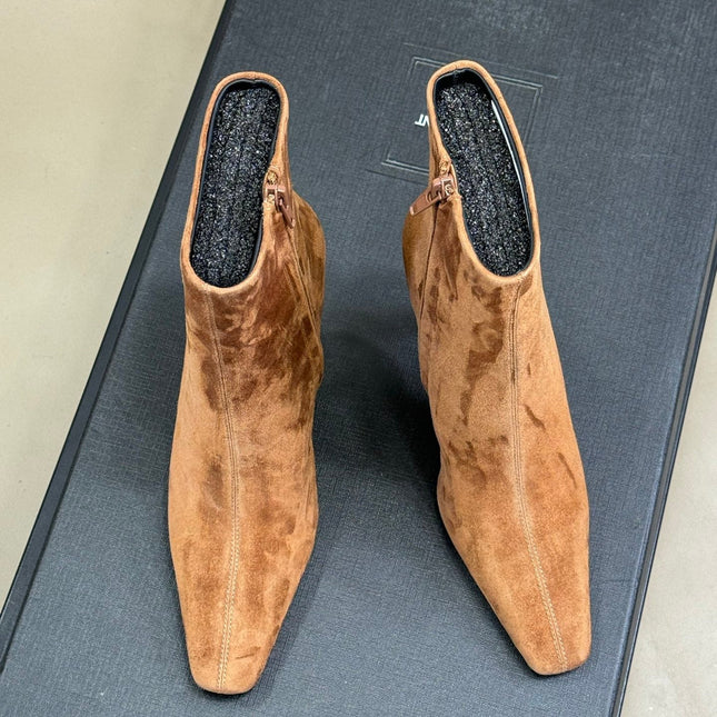 YSL 26S HEELED BOOTS IN LIGHT BROWN SUEDE