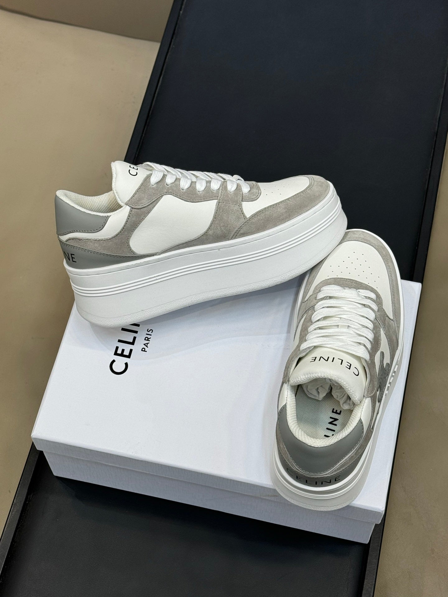 CELINE 26S WEDGE SNEAKERS IN WHITE CALFSKIN AND GREY SUEDE
