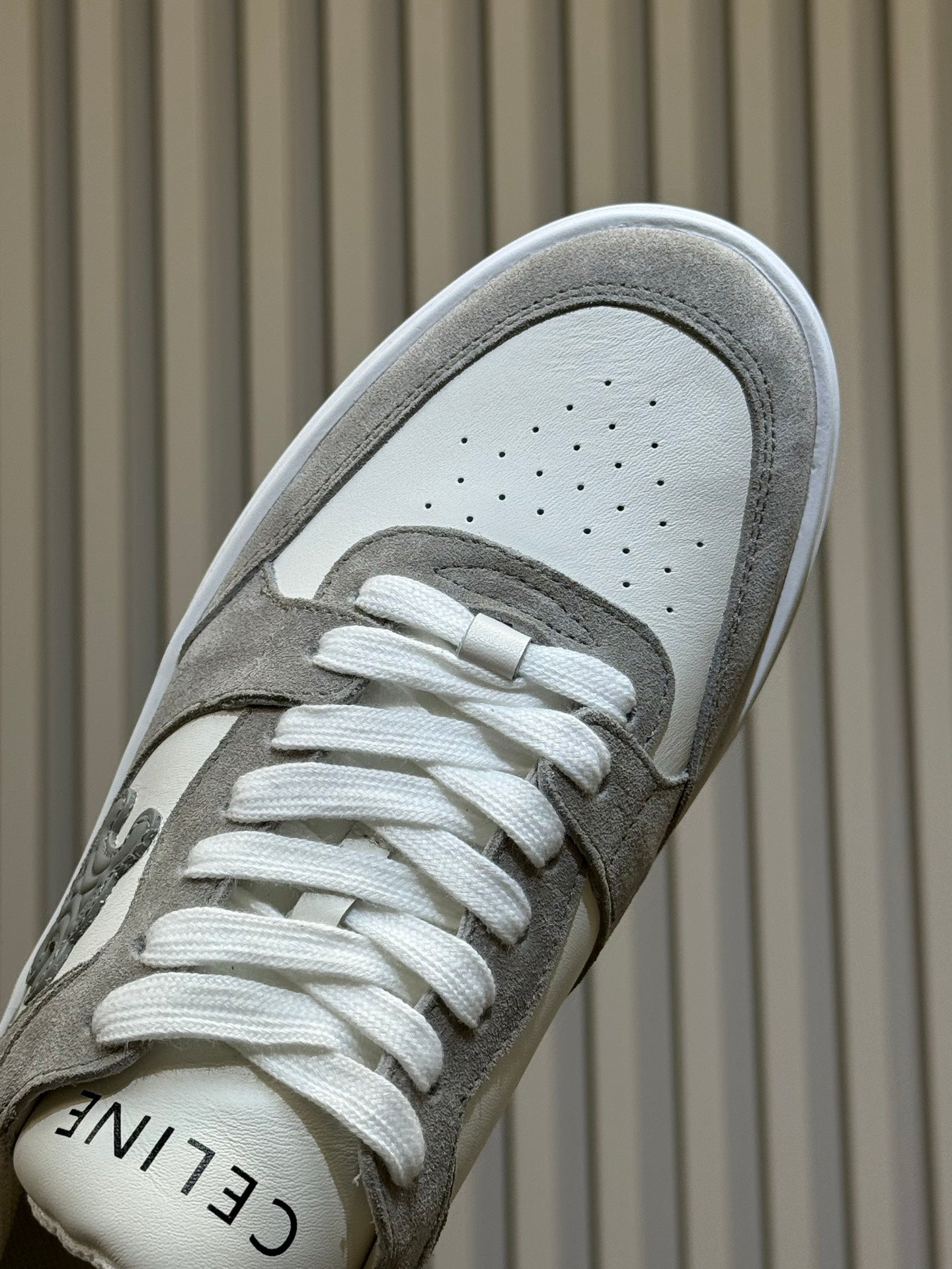 CELINE 26S WEDGE SNEAKERS IN WHITE CALFSKIN AND GREY SUEDE