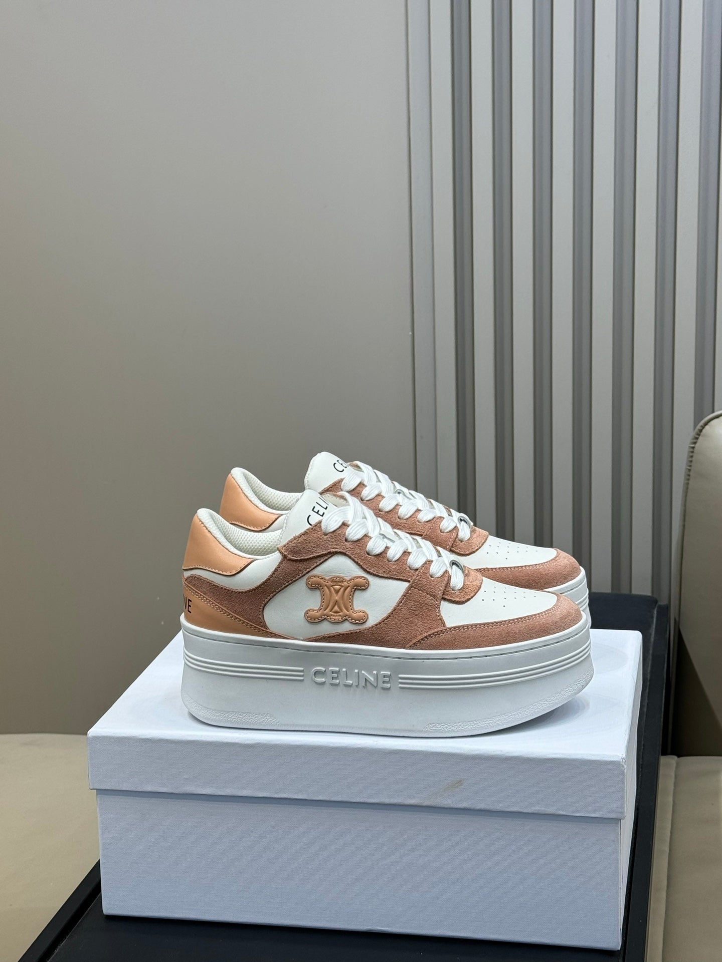 CELINE 26S WEDGE SNEAKERS IN WHITE CALFSKIN AND CARAMEL SUEDE